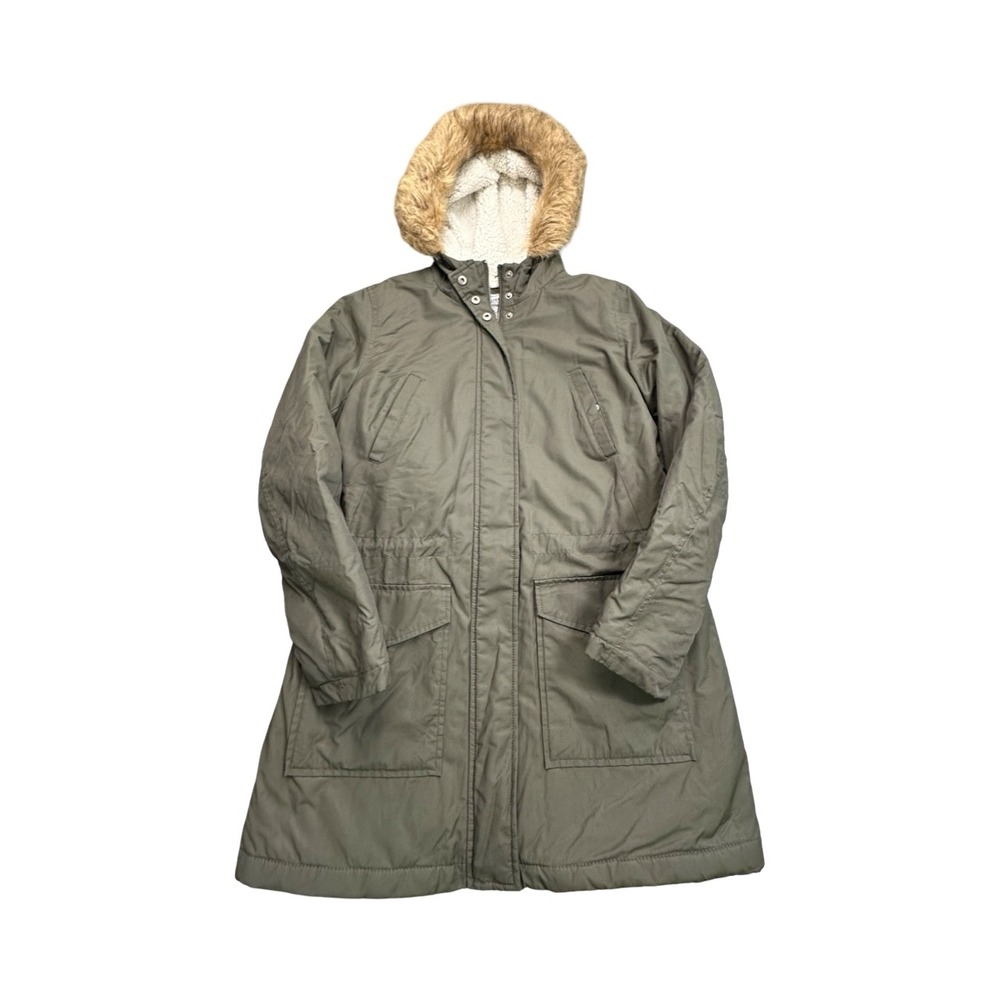 Levi's Parka Jacket Womens M Olive Green Sherpa Lined Faux Fur Hood Utility Coat